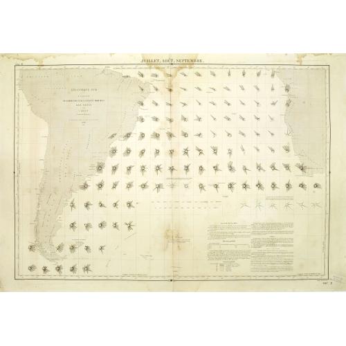 Old map image download for Atlantique sud carte de la direction et de l'intensité propable des vents. . . Juillet, Aout, Septembre.