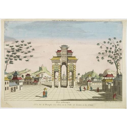 Old map image download for Vue d'optique d'un Arc de Triomphe tres élevé, en la ville de Canton enn la Chine.