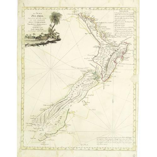 Old map image download for La Nuova Zelanda tracorsa nel 1769 e 1770 dal Cook commandante dell' Endeavour Vascello di S.M.Britannica.