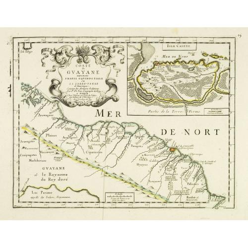 Rare, antique map of  Coste de Guayane autrement Franc Equinoctale en la Terre-Ferme d'Amerique suivant les Dernières Relations . . .