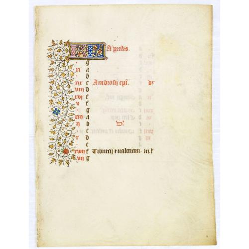 Calendar leaf for April from manuscript leaf from a Book of Hours.