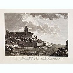 Het Valkhof te Nymegen, nevens het geruïneerde door de watervloed in 17874, ten ooste te zien.