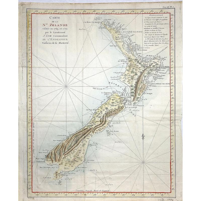 Carte de la Nle. Zelande vifitée en 1769 et 1770 par le Lieutenant J. Cook Commandant de l\'Endeavour. . . . Tome III Pl. 7.