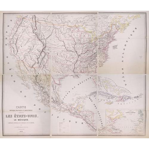 Old map image download for Carte Physique, Politique et Industrielle Comprenant: Les Etats-Unis, Le Mexique, L'Amerique Centrale, Les Antilles et Le Canada. Par J.L. Sanis, Ingenieur Geographe.