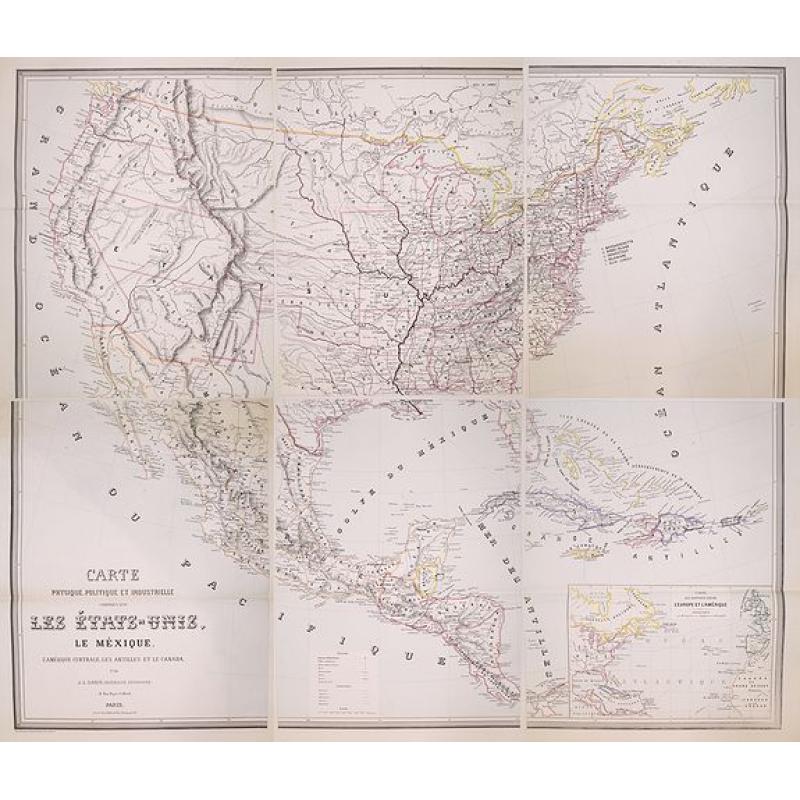 Carte Physique, Politique et Industrielle Comprenant: Les Etats-Unis, Le Mexique, L'Amerique Centrale, Les Antilles et Le Canada. Par J.L. Sanis, Ingenieur Geographe.