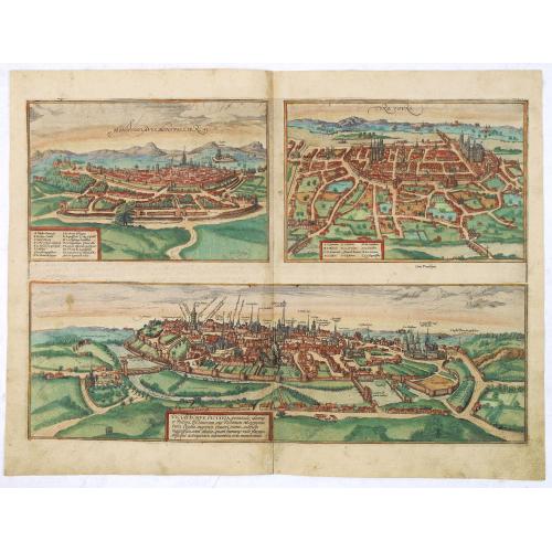 Old map image download for Monsiessulanus, Montpellier [on sheet with] Turo, Tours [and] Pictavis, sive Pictavia, Vernaculo Idiomate Poitiers.