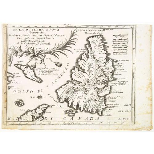 Old map image download for Isola Di Terra Nuova Scoperta da Gio: Cabota Veneto con suo Figliuso Sebastiano l'an 1596 24 Giugno a hore 12 . . .