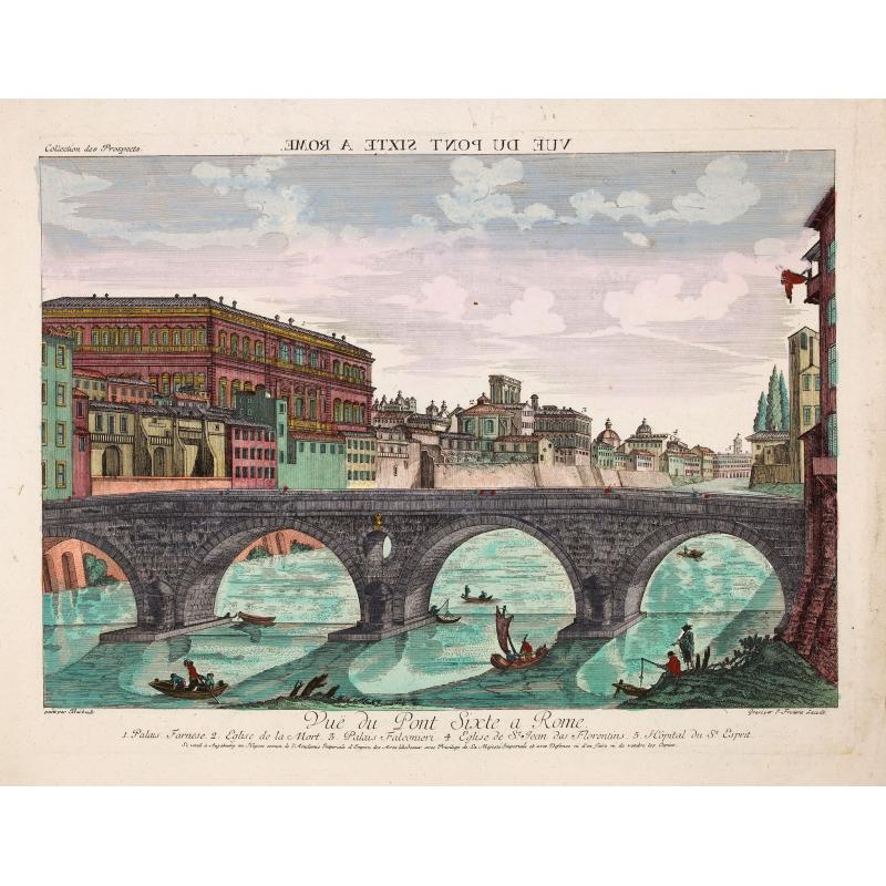 Vue du Pont Sixte a Rome. 1. Palais Farnese, 2. Eglise de la Mort, 3. Palais Falconieri, 4. Eglise St. Jean des Florentins, 5. Hopital du St. Esprit.