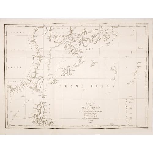 Old map image download for Carte des decouvertes, faites en 1787 dans les mers de Chine et de Tartarie, par les Fregates Francaises la Boussole et l'Astrolabe, depuis leur depart de Manille jusqu'à leur arrivee au Kamtschatka. 1ere. feuille.