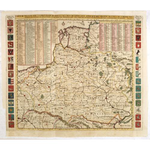 Old map image download for Carte De Pologne Avec La Chronologie Des Rois Et Des Ducs De Lithuanie, Ainsi Que Des Grands M. De L'Ordre Teutonique Les Evechez et Archeveches, et Les Armes Des Provinces . . .