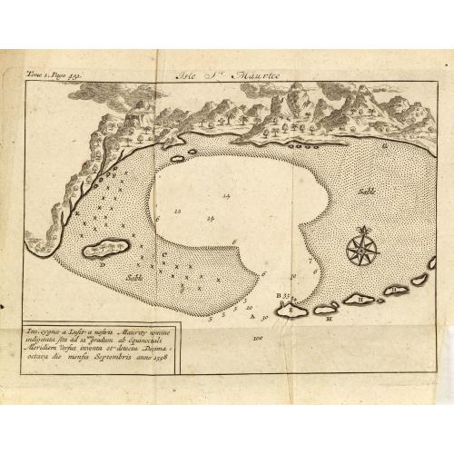 Old map image download for Isle St. Maurice. Ins. cygnae a Lusit, a nostris Maurity nomine indigitata, sita ad 21um gradum ab Equinoctiali Meridiem versus inventa et detecta Decima-jctava die mensis septembris anno 1598.