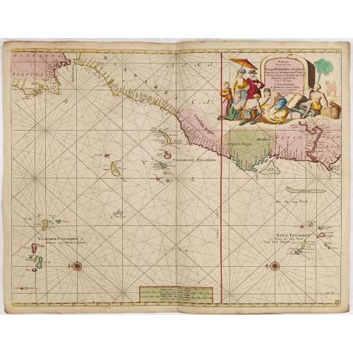Rare, antique map of Paskaart van de Cust van Portugal, Barbaria, en Genehoa. Beginnende van d' Barlenges tot aan C. Verde. Met al zyn Diepte en Drooghte dus ver Naaukeurig opgesocht door Ervaren Stuurlieden.