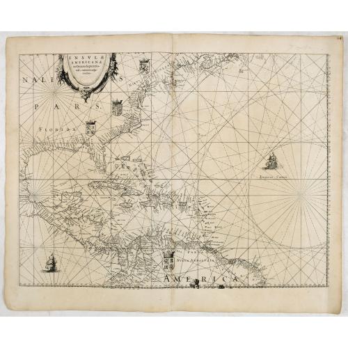 Old map image download for Insulae Americanae in Oceano Septentrionali, cum terris adjacentibus [Rare Blaeu West Indische Pascaert Wall Map Section]