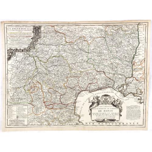 Old map image download for Le gouvernement général de Languedoc divisé en Haut et Bas Languedoc et Sévennes par N. de Fer, géographe de sa majesté catolique. . .