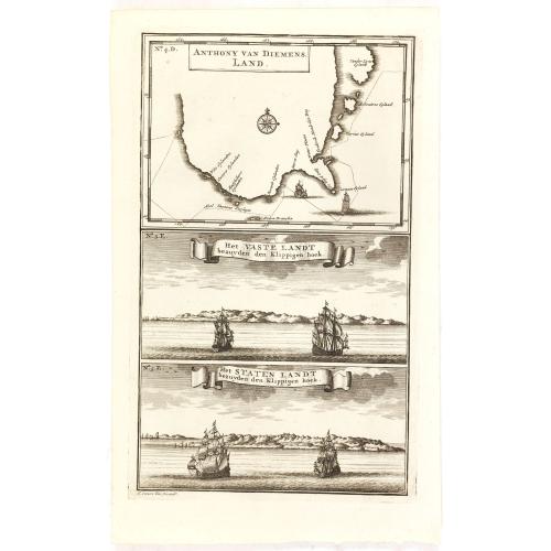 Old map image download for Anthony van Diemens Land / Het vaste Landt bezuyden den Klippigen hoek. / Het Staten Landt bezuyden den Klippigen hoek.