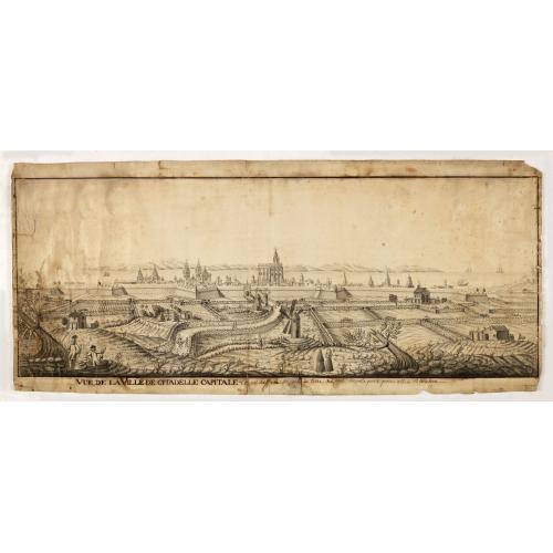 Old map image download for Vue de la Ville de citadelle capitale. Elle est dessinée du costé de terre ou costé de la porte pour aller à mahon.