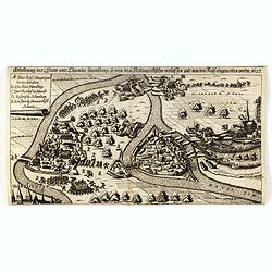 Abbildung der Stadt und Thumbs Havelberg, so von den Dennmarckischen verlassen und von den Keijs: eingenommen worden 1627”. Mindre fågelvy utan horisont med stridande trupper. . .