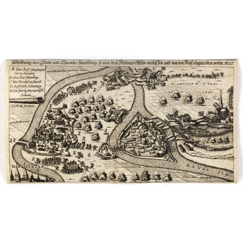 Old map image download for Abbildung der Stadt und Thumbs Havelberg, so von den Dennmarckischen verlassen und von den Keijs: eingenommen worden 1627”. Mindre fågelvy utan horisont med stridande trupper. . .