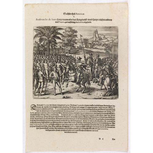 Old map image download for Ferdinandus de Soto Hauptmann uber das Kriegssvolck wardt sampt etlichen anderen von Pizarro, zu dem König Atabaliba abgesandt.