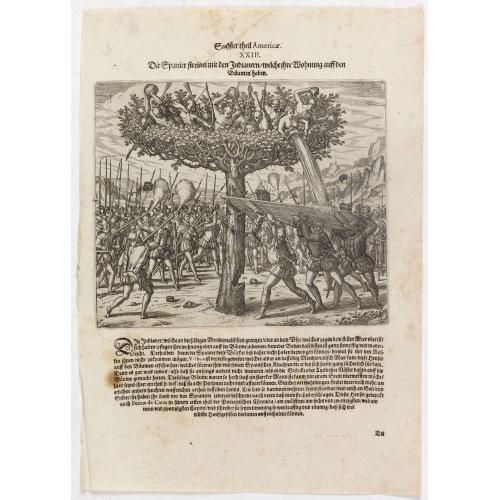 Old map image download for Die Spanier streiten mit den Indianern welche ihre Wohnung auff den Bäumen haben.