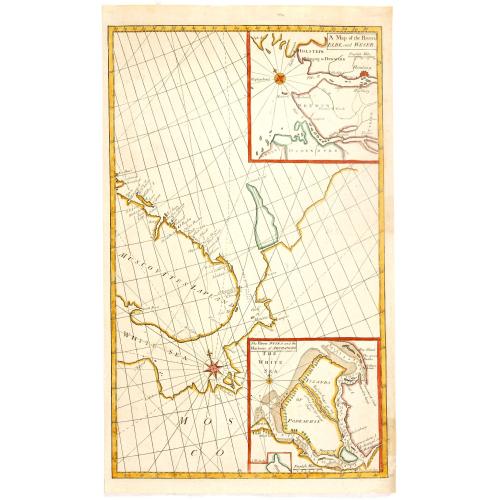 Old map image download for A Chart of the Sound -- A Map of the rivers Elbe and Weser -- The River Dvina and the harbour of Archangel.