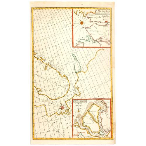 Old map image download for A Chart of the Sound -- A Map of the rivers Elbe and Weser -- The River Dvina and the harbour of Archangel.