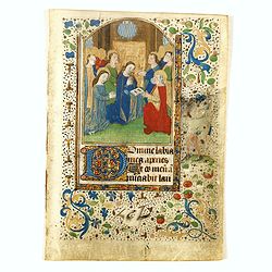 Miniature of Annunciation on vellum from a French manuscript Book of Hours.