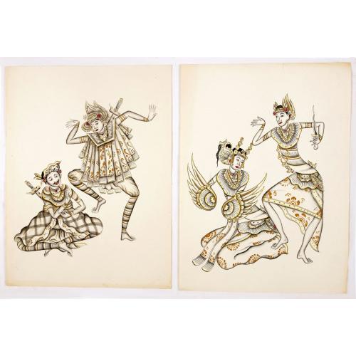 Old map image download for Legong dancers : Two Balinees pen and ink drawings on paper.