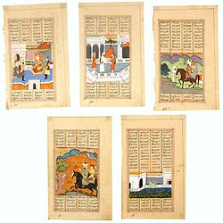 Five Indo / Persian miniature paintings, Mogul Dynasty.