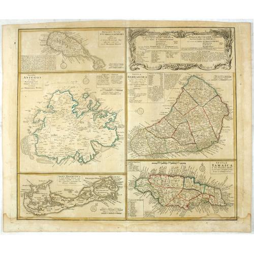 Old map image download for [Five maps on one sheet] Dominia Anglorum in praecipuis Insulis Americae ut sunt Insula S. Christopheri, Antegoa, Iamaica, Barbados nec non Insula Bermudes vel Sommers . . .