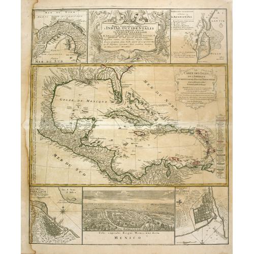 Old map image download for Mappa Geographica Complectens I. Indiae Occidentalis Partem Mediam Circum Isthmum Panamensem. . . [With insets of St. Augstine, Florida, Mexico City, Panama, etc.]
