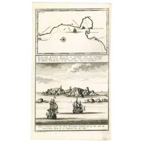 Old map image download for Staeten Landt Bezylt en Ontdekt met de Scheepen Heemskerk en de Zeehaen onder het Commande van den E. Abel Tasman. In den Iaare 1642. Den 13 December.