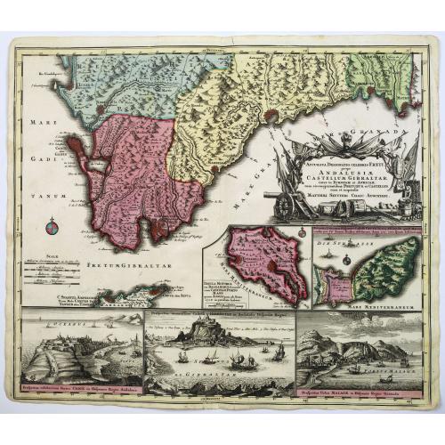 Old map image download for Accurata Designatio Celebris Freti prope Andalusiae Castellum Gibraltar, inter in Europam et Africam, eum circumjacentibus... Portubus, et Castellis cura et impensis. . .