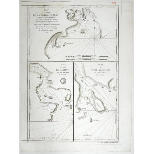 Old map image download for Plan du Port De La Riviere St. Jean Situe a la Cote Septentrionale De La Baie Francoise de L'Acadie. . . [with] Plan du port e la Heve . . . and Plan du port Rochelois. . .