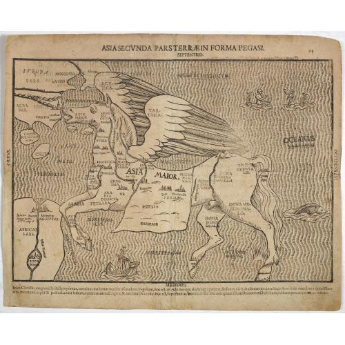 Old map image download for Asia secunda pars terrae in forma Pegasi. [Asia is presented as the mythical winged horse Pegasus.]