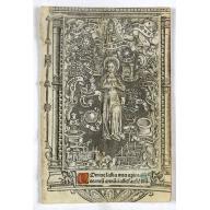 Leaf on vellum from a printed Book of Hours with miniature of the Virgin of the Litanies.
