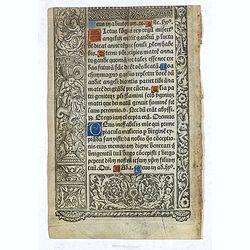 Leaf on vellum from a printed Book of Hours with miniature of the Virgin of the Litanies.