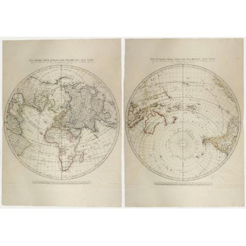 Old map image download for Die Obere oder Nordliche Halbkugel der Erde auf den Horizont von Wien, Sterographisch Entworfen ... [together with] Die Untere oder Sudliche Halbkugel der Erde auf den Horizont von Wien, Stereographisch ...