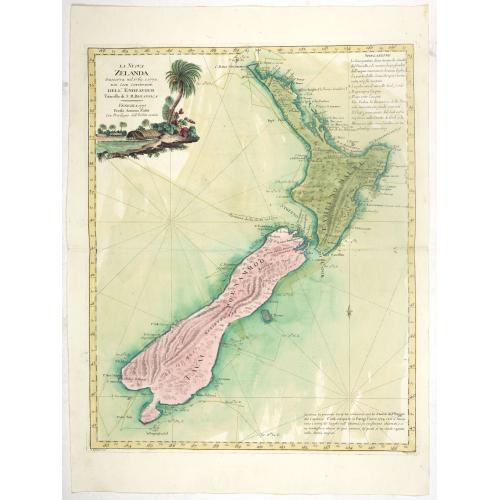 Old map image download for La Nuova Zelanda tracorsa nel 1769 e 1770 dal Cook commandante dell' Endeavour Vascello di S.M.Britannica.