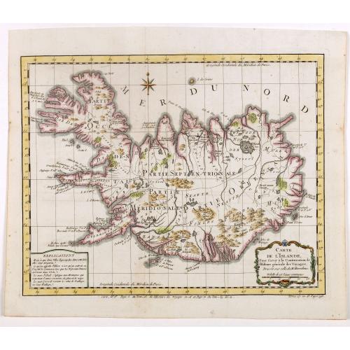 Old map image download for Carte de l'Islande pour servir á la continuation de l'histoire générale des voyages. Dressée sur celle de M. Horrebows.