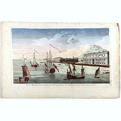 Vue des Magasins de la Compagnie des Indes à Pondichéry, de l'Amirauté et de la maison du Gouverneur.