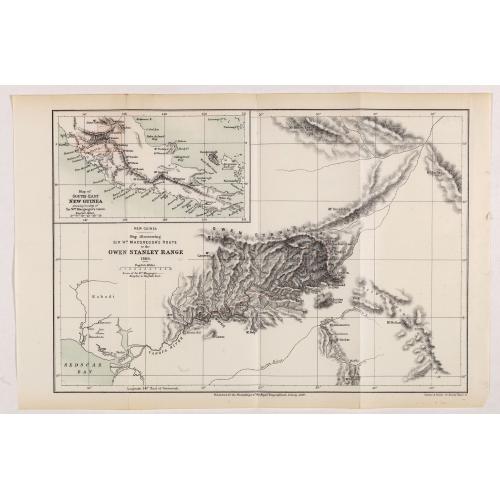 Old map image download for New Guinea. Map illustrating Sir. w. Macgregor's route to the Owen Stanley Range 1889.