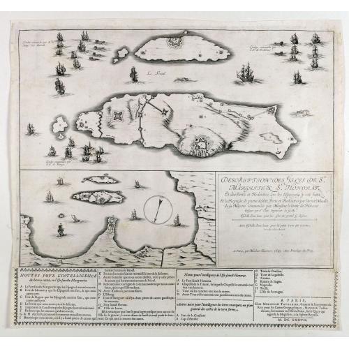 Old map image download for Description Des Isles de Ste. Margrite et St. Honorat et des Forts et Redouttes que les Espagnols y ont faintz et la Reprise de partie desditz Forts et Redouttes par l'Armee Navalle de sa Majeste Commandee par Monsieur le Comte de Harcour . . . 1637