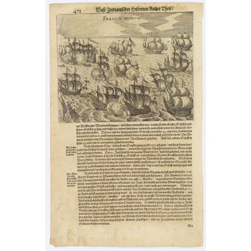 Old map image download for Praelium Divrnum. [Spanish fleet defeated by the Dutch] / Nocturnum Praelium [Dutch and Spanish at sea off Lima].