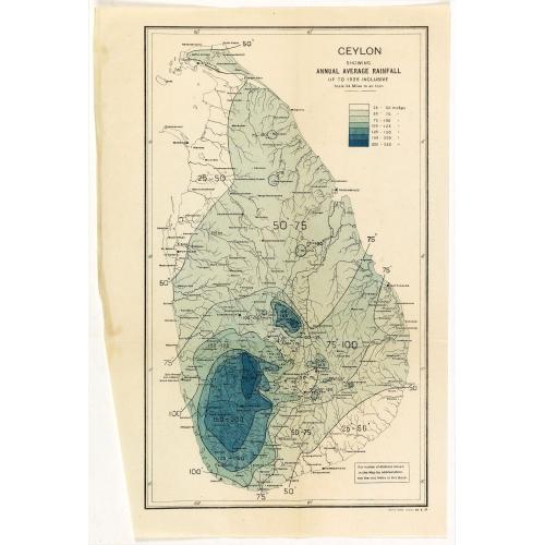 Old map image download for Ceylon showing annual average rainfall up to 1926 inclusive.