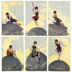 [6 Post cards of young woman seated on a globe ]