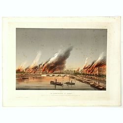 La Canonnière la Farcy amarrée en face des Tuileries pendante l'incendie de Paris dans la nuit du 24 Mai 1871.