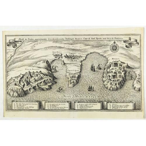 Old map image download for Abriß der Dreÿen, gegeneinander correspondierenden Vestungen, Monaco, Capo di Sant' Spirito, und Niza di Provenza. (Monaco)