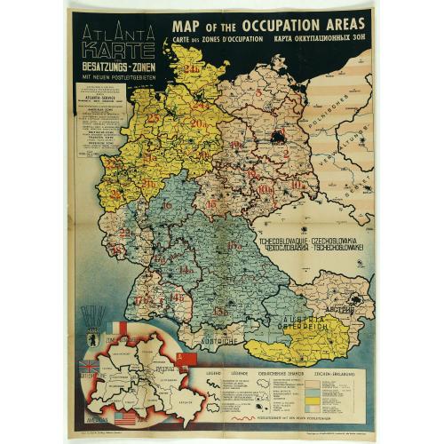 Old map image download for Map of the Occupied Areas. Carte des Zones d'Occupation. Der Besatzungs-Zonen mit Neuen Postleitgebieten. Karta Okkupacionnych Zon [in Cyrillic.]