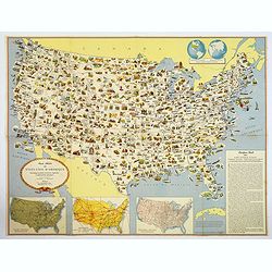 Carte Illustree des Etats-Unis d'Amerique Principaux produits, resources regionales, et particularites physiques.